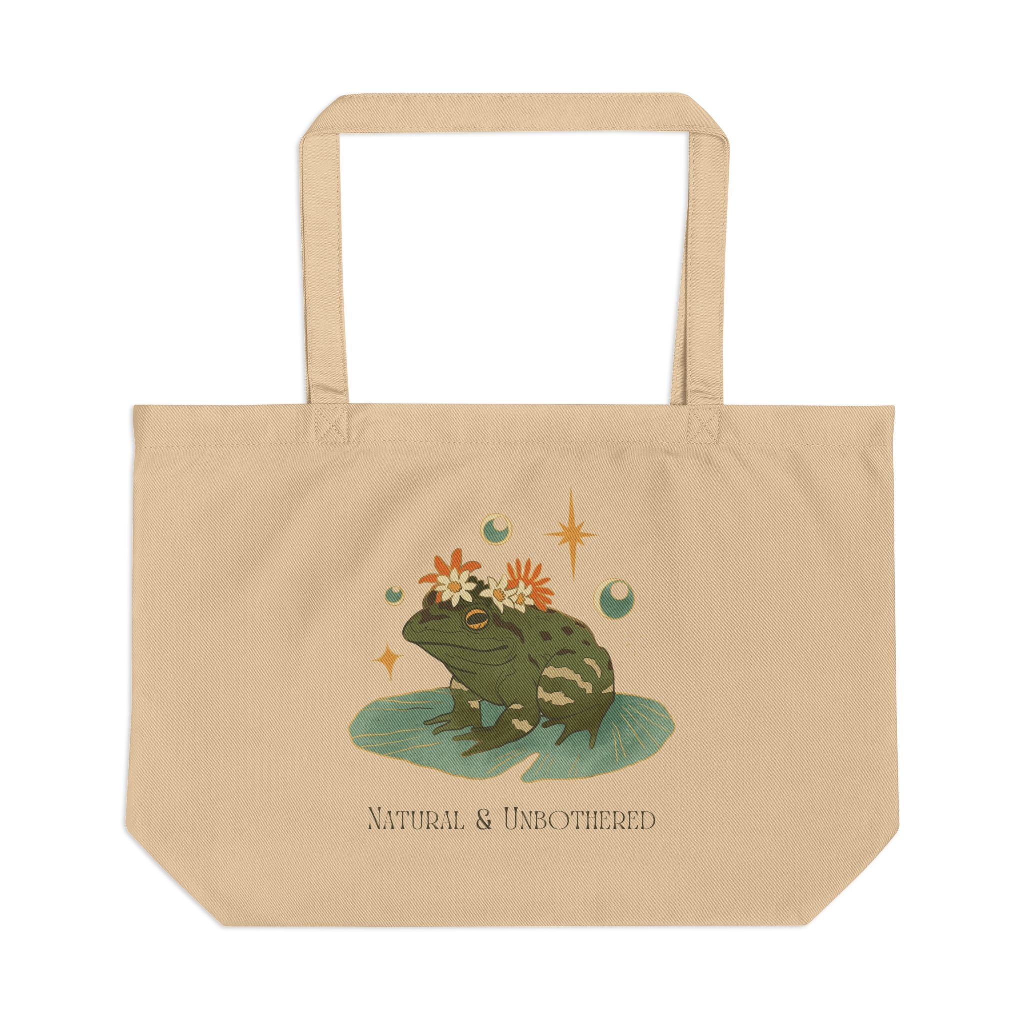Large Eco Tote — 'Natural & Unbothered' Frog Canvas Market Bag