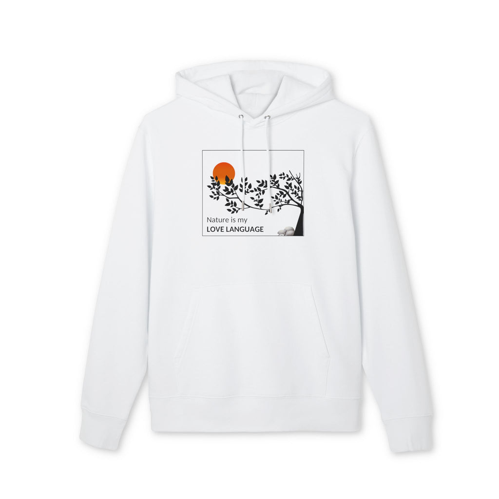 Nature Is My Love Language Pocket Hoodie — Minimalist Sunset Tree Graphic Sweatshirt