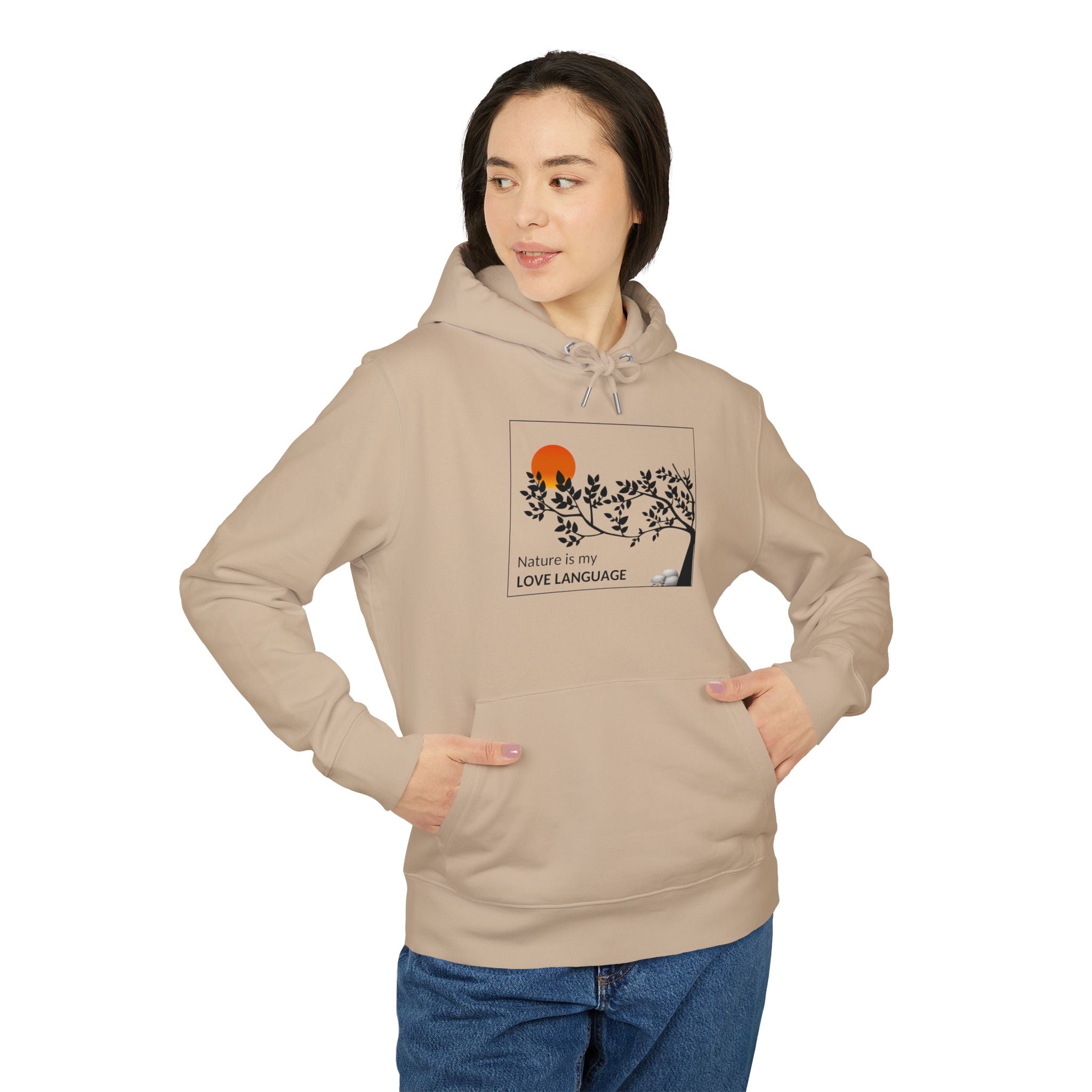 Nature Is My Love Language Pocket Hoodie — Minimalist Sunset Tree Graphic Sweatshirt