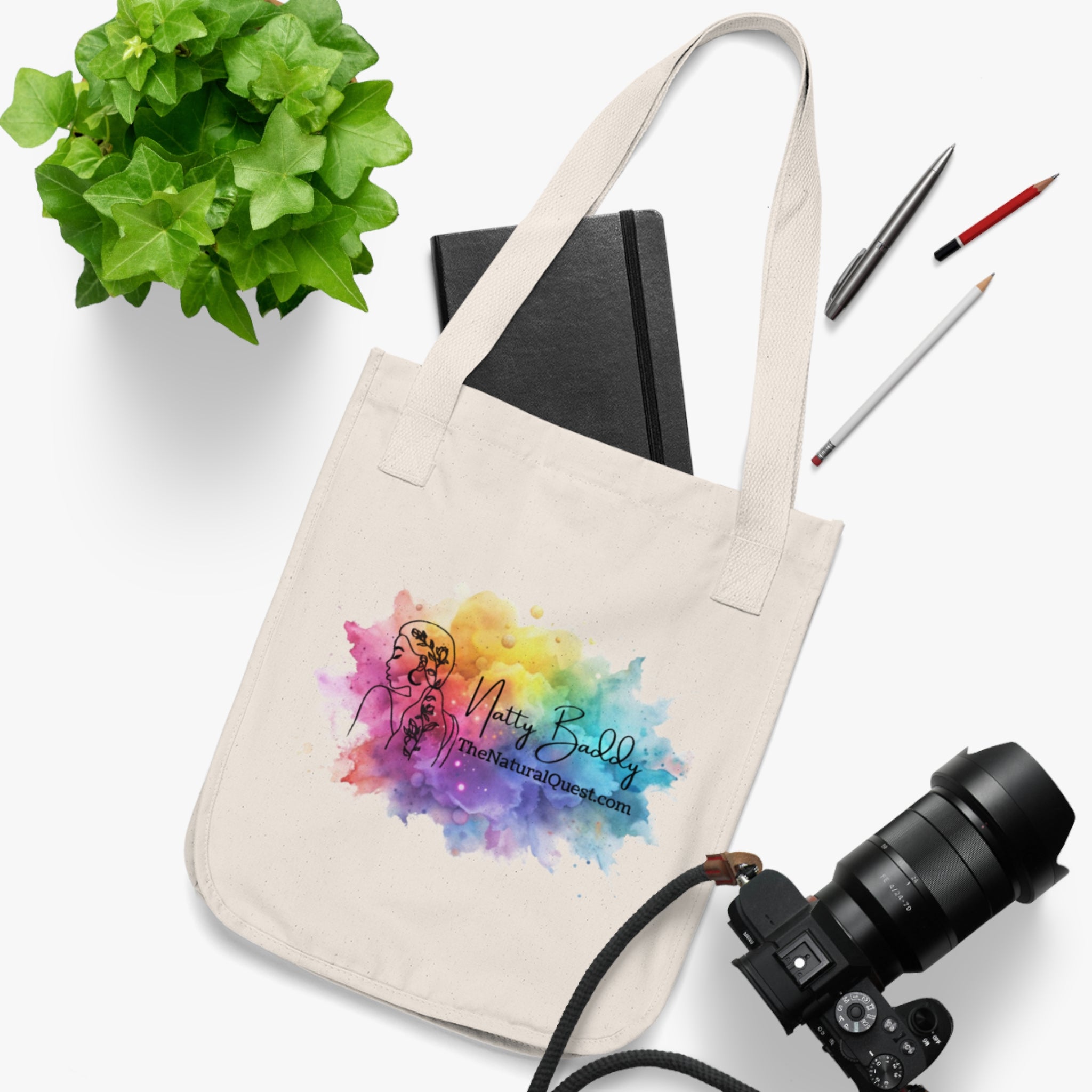 Organic Canvas Tote Bag — Colorful Watercolor Logo Tote (Natty Buddy)