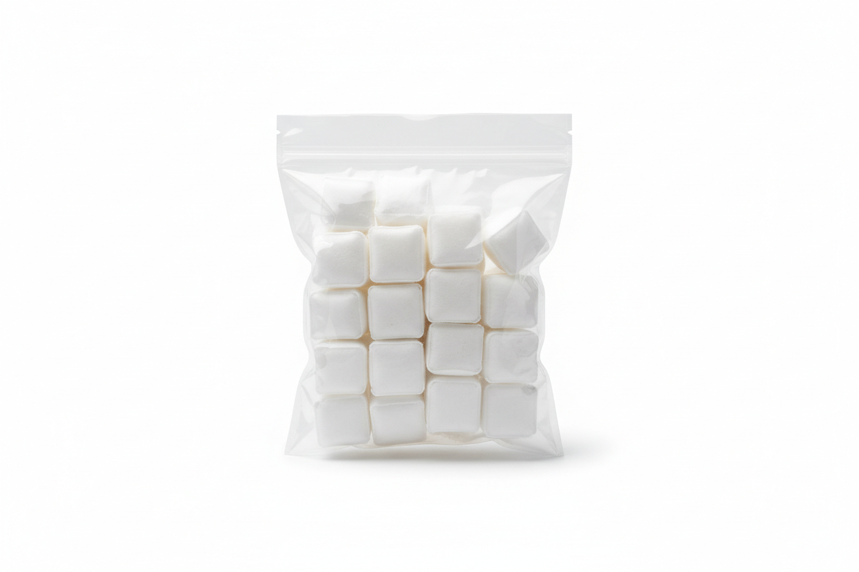 small. white, cube shaped eco friendly laundry pods in a clear plastic ziplock similar  to regular laundry pod packaging-just clear and blank