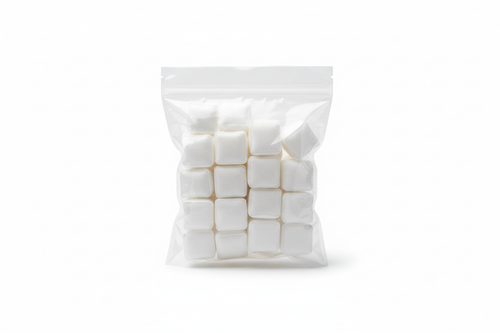 small. white, cube shaped eco friendly laundry pods in a clear plastic ziplock similar  to regular laundry pod packaging-just clear and blank